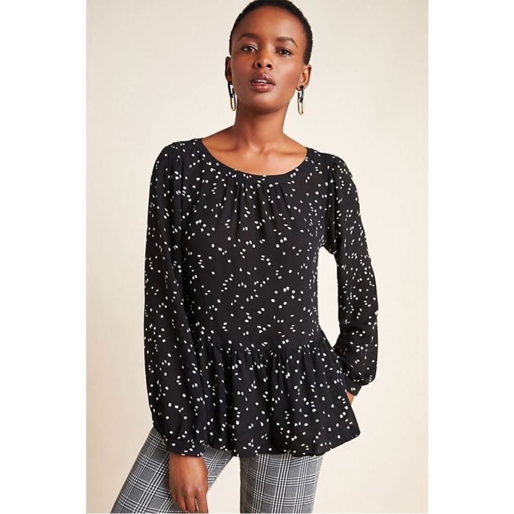 MaeveâAnthropologie Cheyenne Black and White Peplum Blouse Long Sleeve - Picture 2 of 11